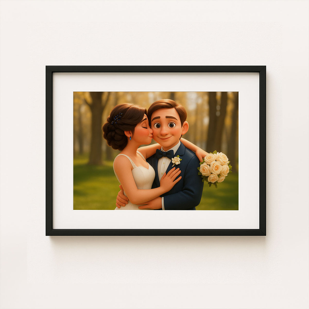 Charming Cartoon Wedding Art Print of a Happy Couple Embracing Love and Joy
 - 6