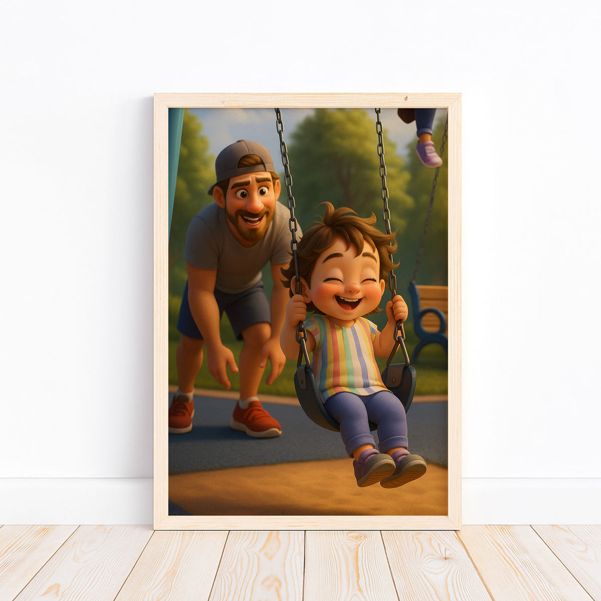 Joyful Swing Moments: Colorful Cartoon Art of a Father and Child at Play
 - 6
