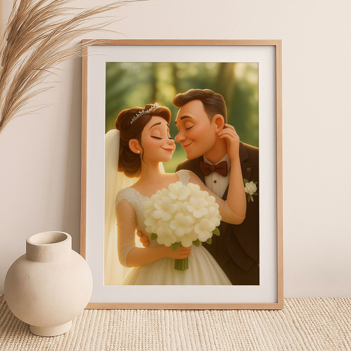 Charming Cartoon Wedding Portrait of a Happy Couple - Perfect Art for Home Decor and Wedding Memories
 - 6