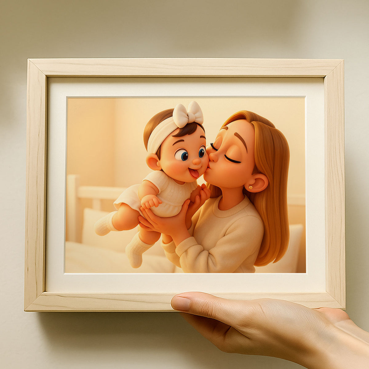 Adorable Cartoon Style Art Print of a Joyful Mother Holding Her Baby: Perfect Gift for New Parents and Nursery Decor
 - 6