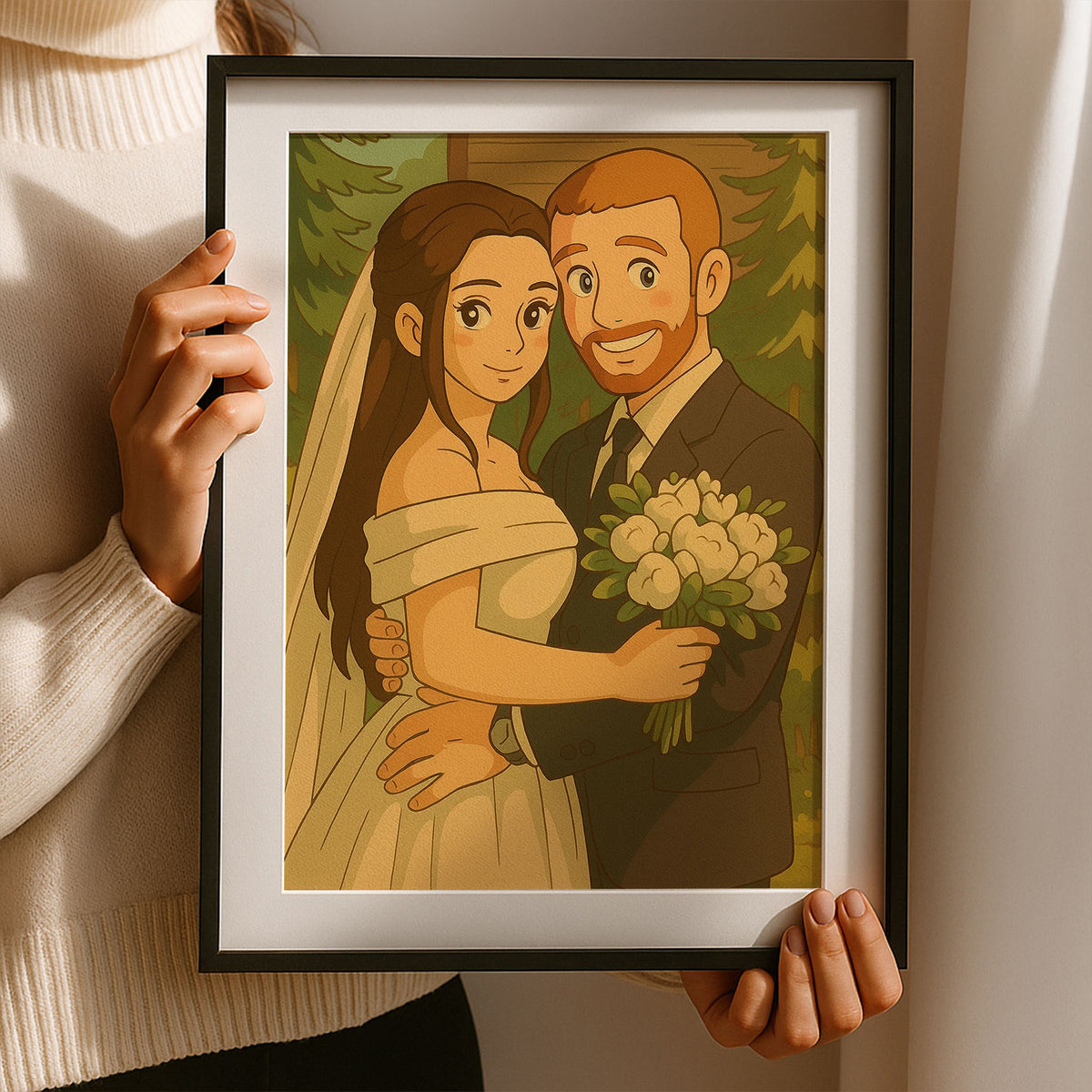 Charming Animated Wedding Artwork: Elegant Couple in Nature-Inspired Style - Perfect for Home Decor
 - 6