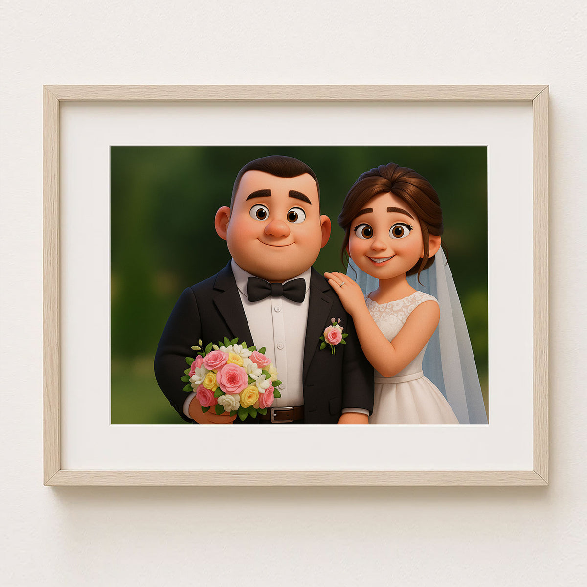 Charming Cartoon Wedding Portrait of Happy Couple in Vibrant Animation Style - Ideal for Home Decor
 - 6