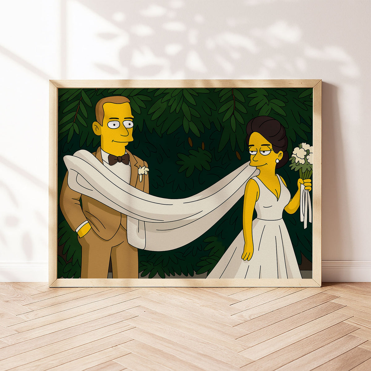 Charming Cartoon Wedding Art: Couples in Love with Dandelions - Whimsical Simpsons Style Framed Print
 - 6