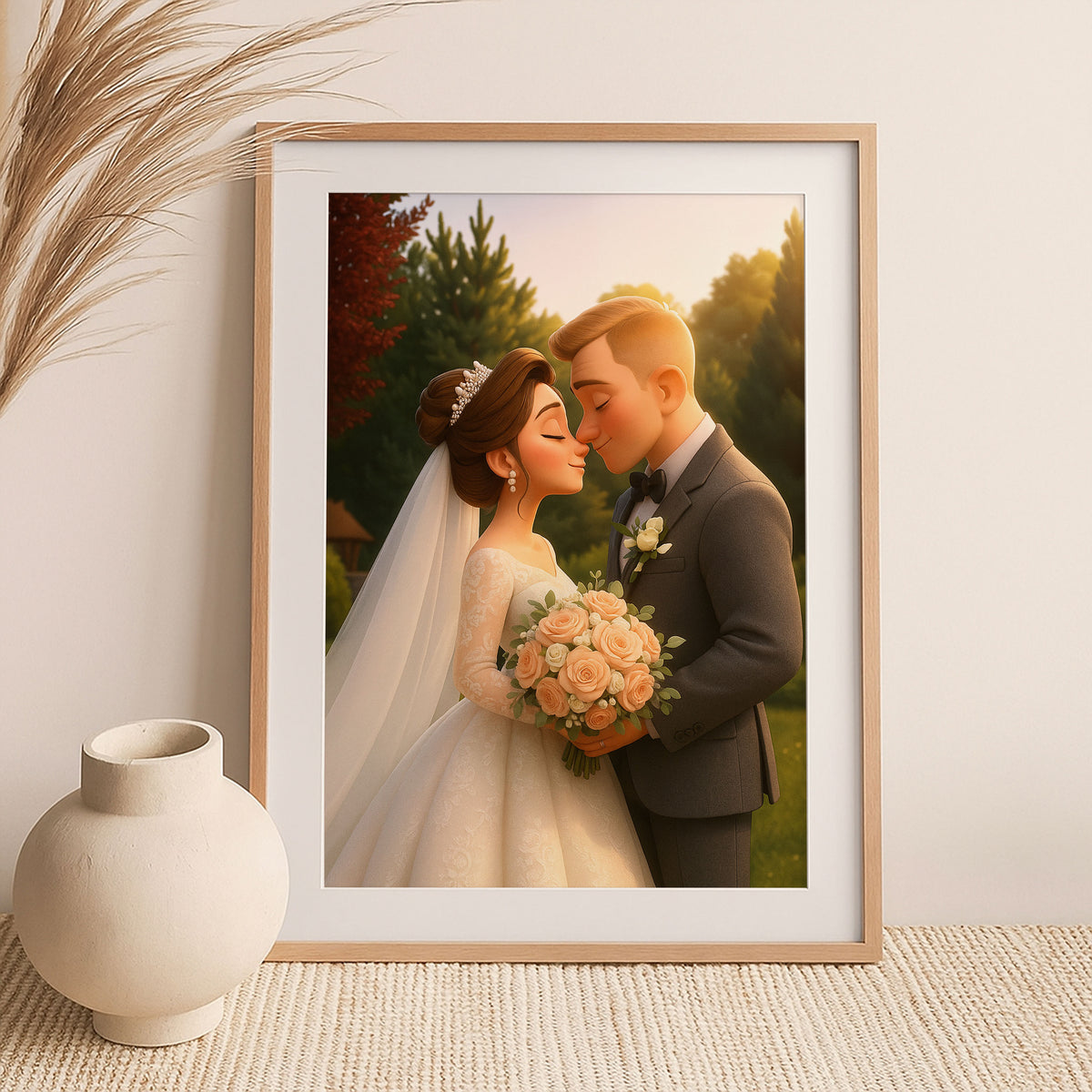 Charming Cartoon Wedding Portrait of a Loving Couple – Perfect for Home Decor and Gifts
 - 6