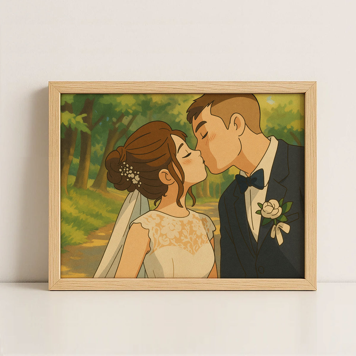 Charming Cartoon Wedding Art Print: Joyful Couple in Love Walking Together
 - 6