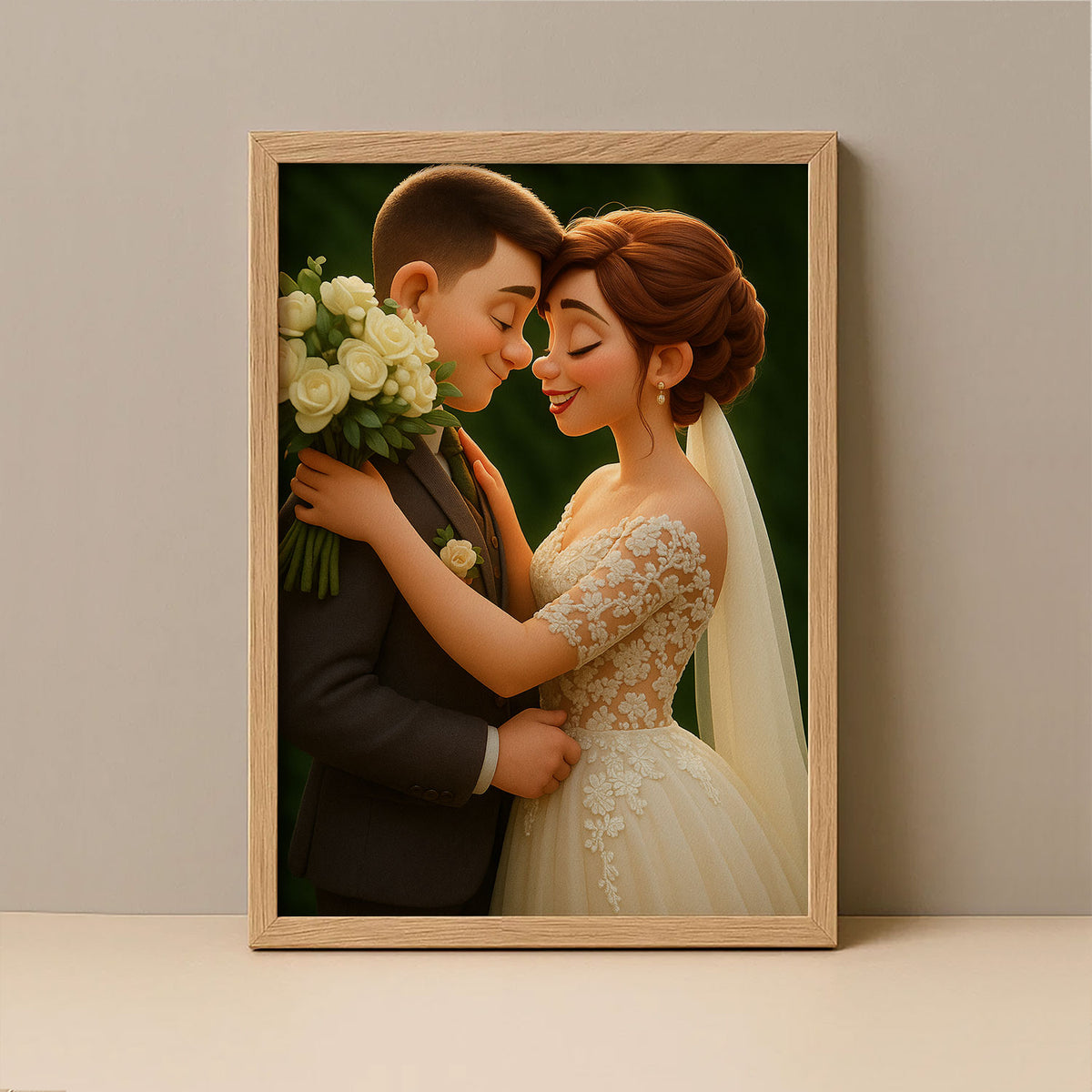 Whimsical Cartoon Wedding Portrait – Celebrate Love with a Charming Illustration of a Bride and Groom in a Joyful Embrace
 - 6
