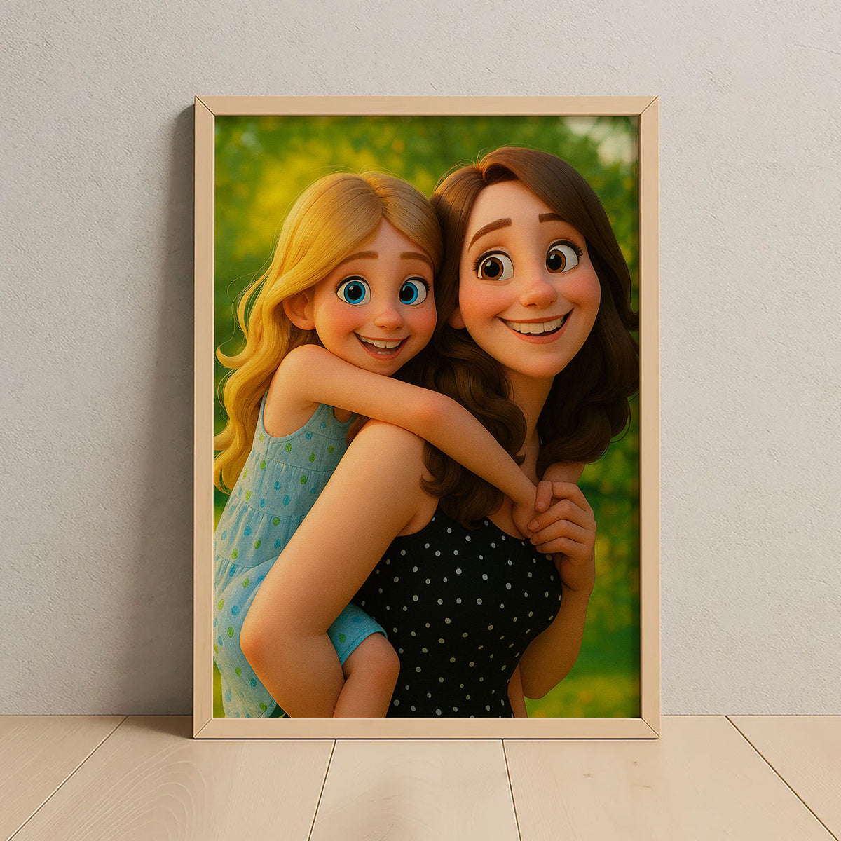 Heartwarming Mother-Daughter Portrait in Vibrant Cartoon Style | Perfect Wall Art for Family Spaces
 - 6