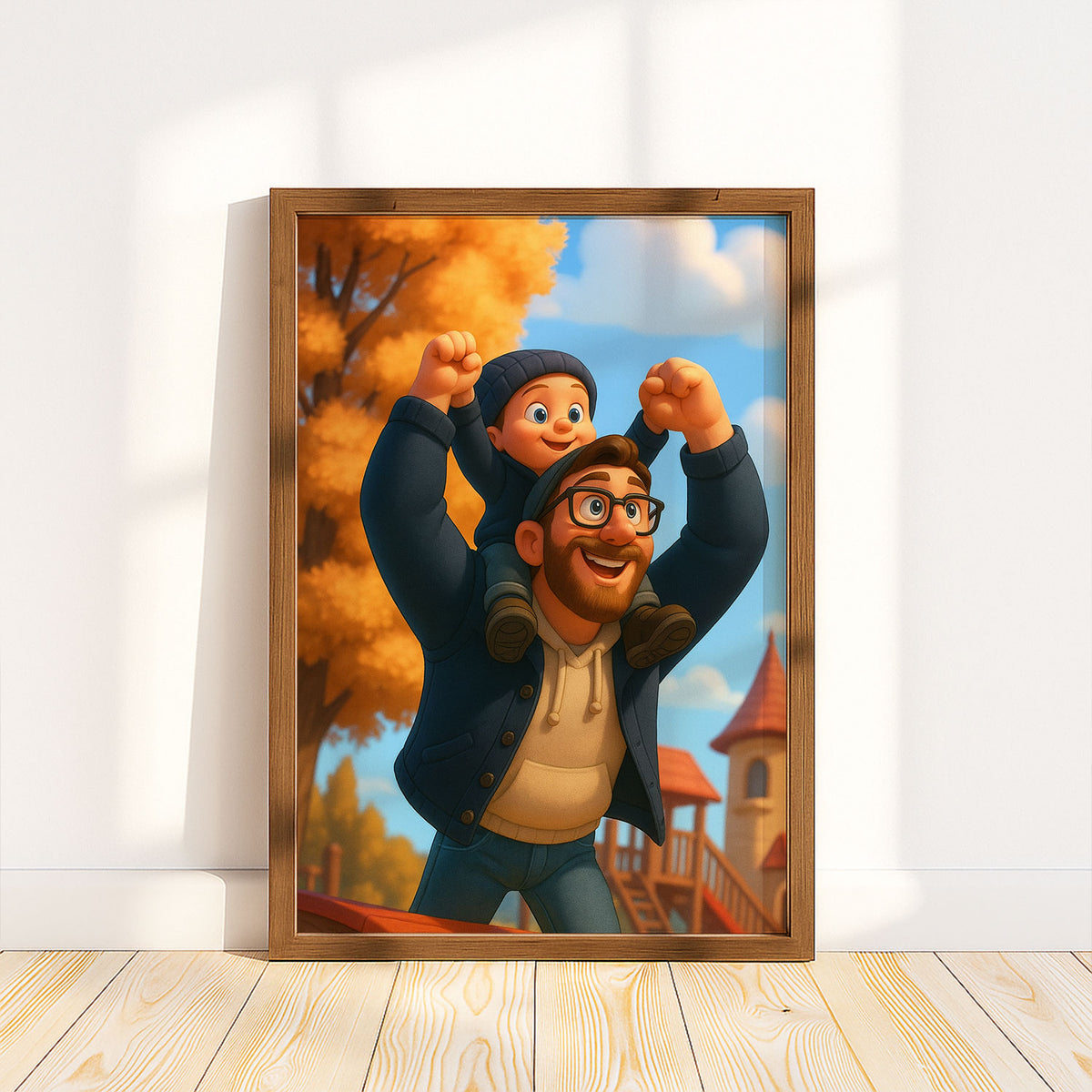 Heartwarming Cartoon Art of Dad and Son Joyfully Playing Together in a Colorful Autumn Landscape
 - 5