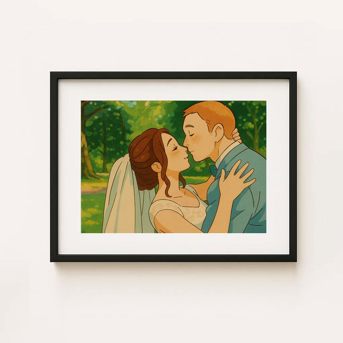 Charming Wedding Kiss Artwork - Romantic Cartoon Style Love Portrait for Special Moments
 - 6