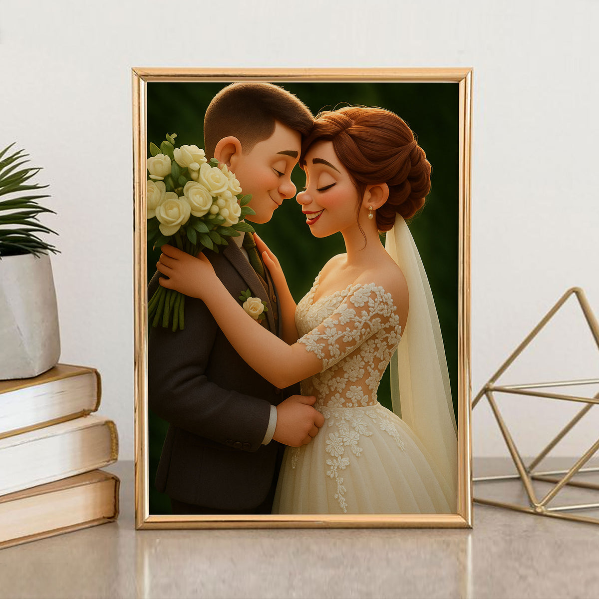 Charming Cartoon Wedding Portrait: Joyful Couple Embracing with Flowers in a Whimsical Art Style
 - 6