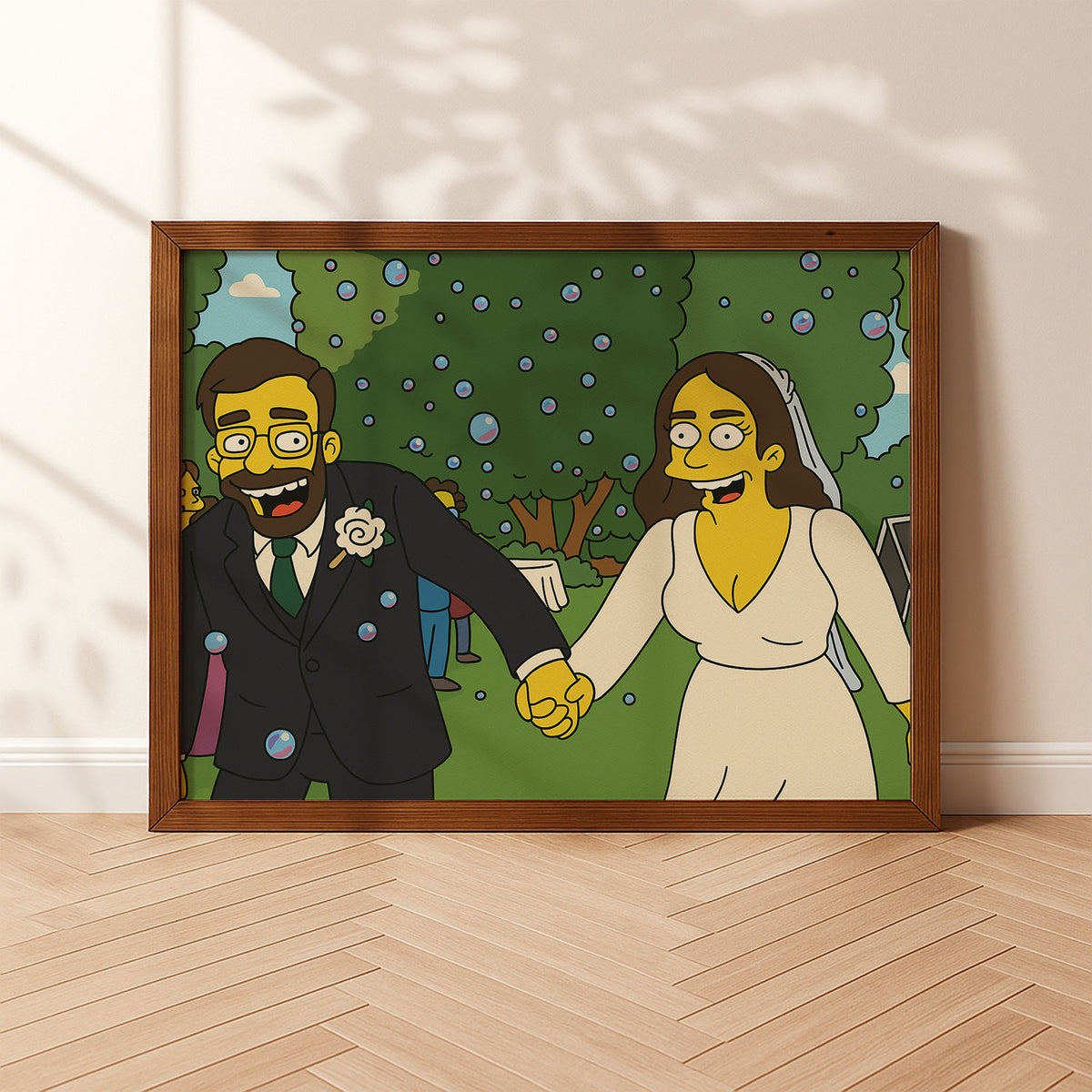 Whimsical Simpsons-Inspired Wedding Art Print – Vibrant Cartoon Couple in Romantic Setting
 - 6
