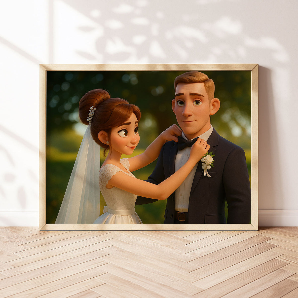 Charming Cartoon Wedding Art Print: Beautiful Bride and Groom in Vibrant Animation Style for Your Home Décor
 - 6