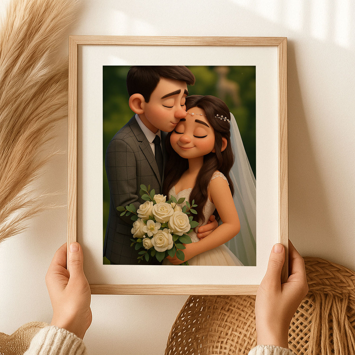 Charming Cartoon Couple Portrait: Joyful Wedding Art for Home Décor
 - 5