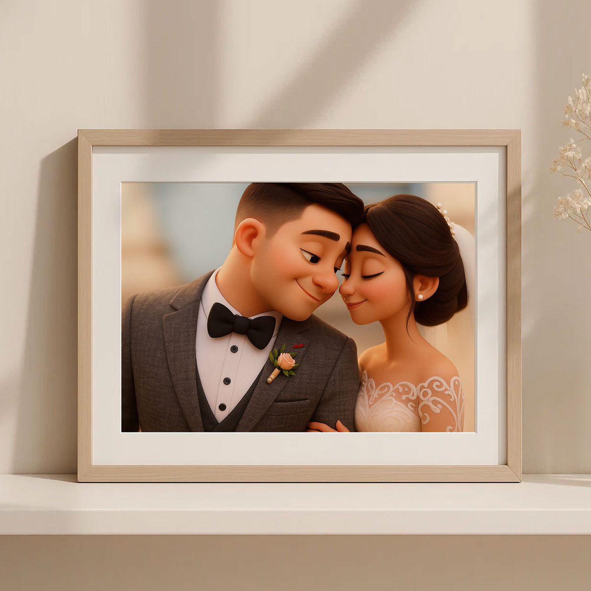 Charming Cartoon Wedding Portrait of a Happy Couple | Ideal Art for Home Decor
 - 6