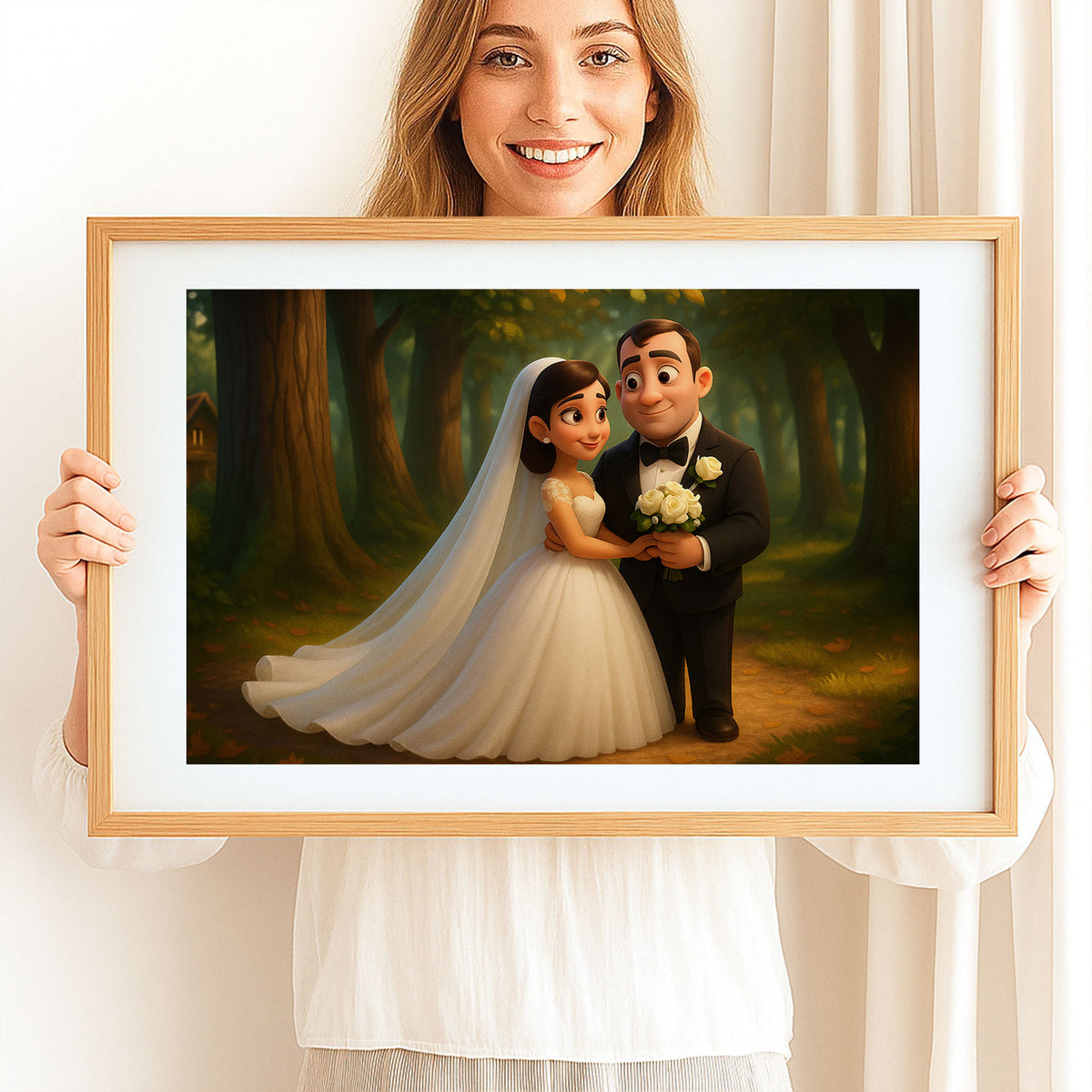 Charming Cartoon Wedding Portrait of a Bride and Groom in a Beautiful Forest Setting - Perfect for Home Decor
 - 6