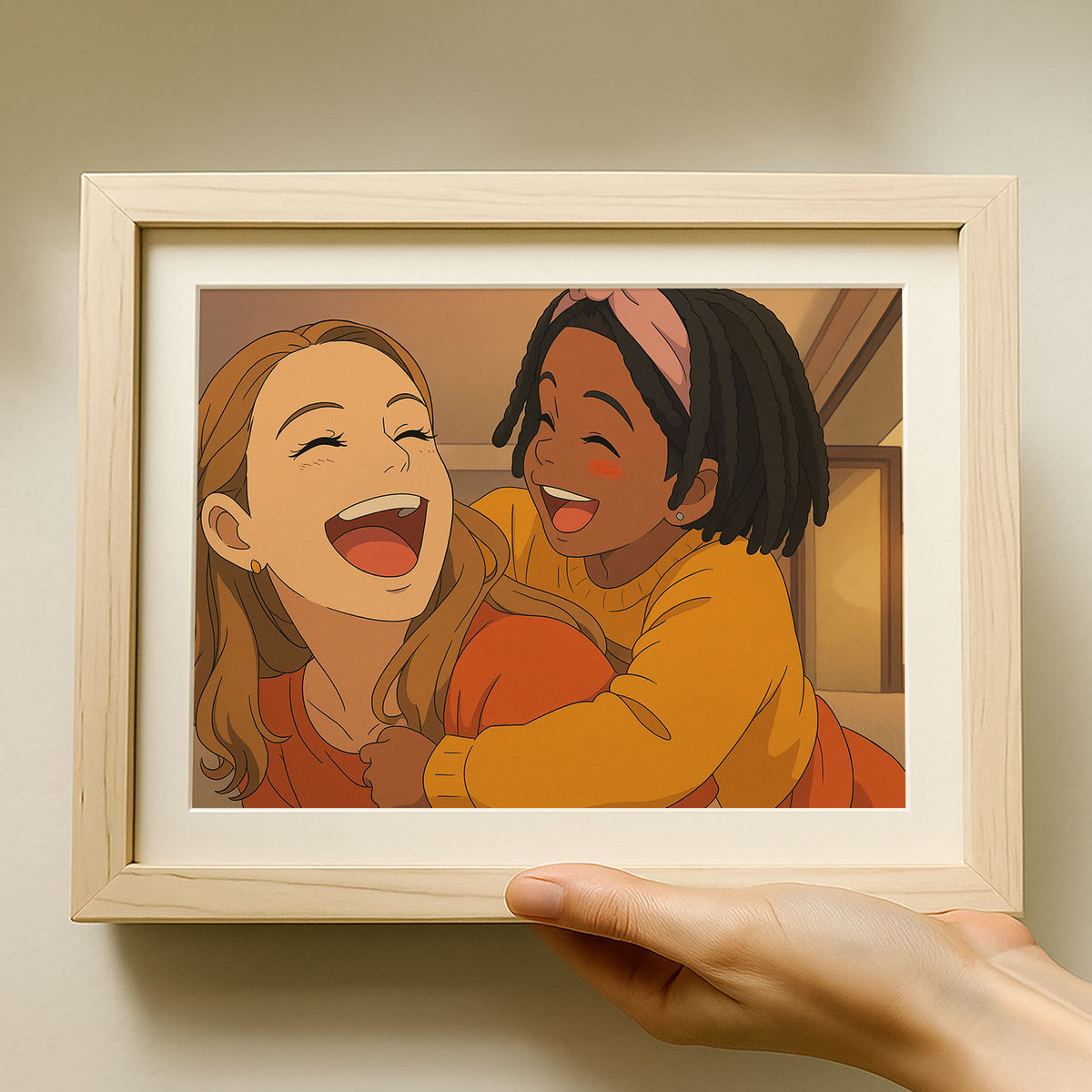 Joyful Bond: Colorful Cartoon Art of a Mother and Daughter Sharing Laughter and Love
 - 6