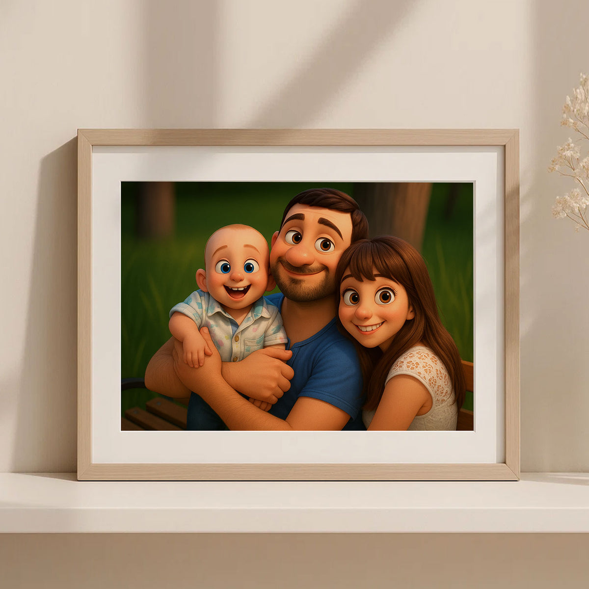 Whimsical Family Portrait Art – Heartwarming Cartoon Style Print of Father, Mother, and Baby Joy
 - 6