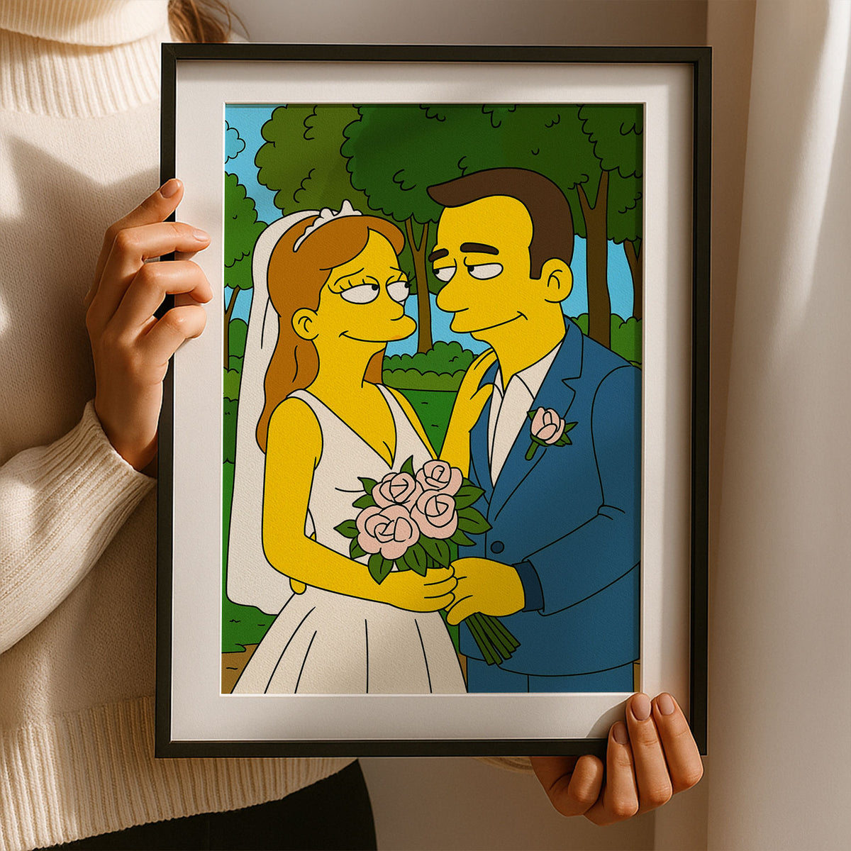 Whimsical Cartoon Wedding Portrait - Fun Simpsons Style Artwork for Unique Home Decor
 - 6