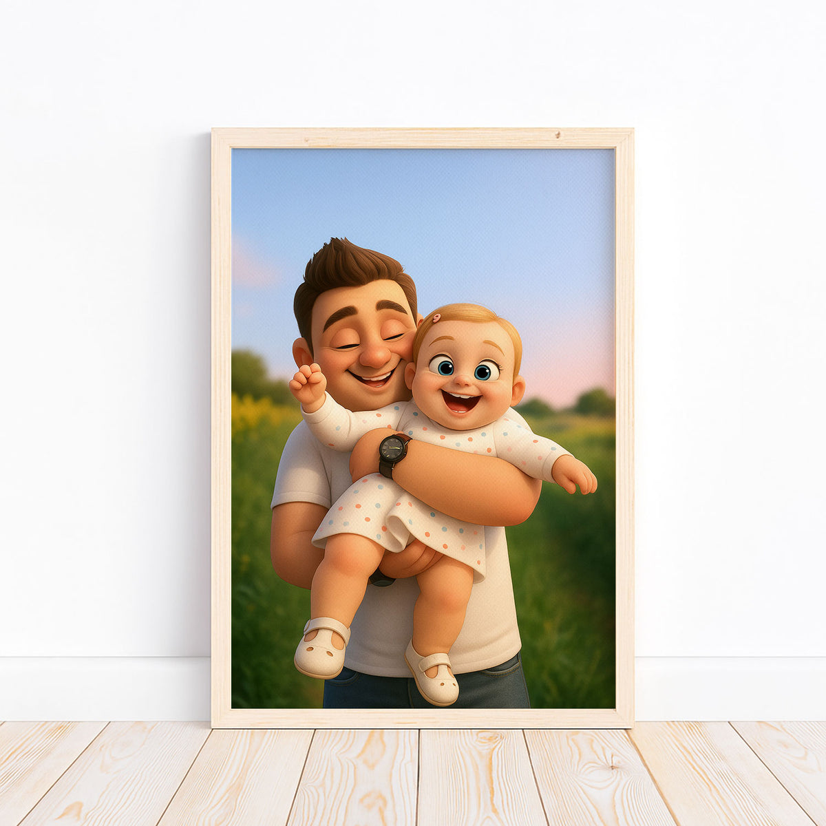 Heartwarming Cartoon Art of Father and Baby in a Sunny Field – Perfect for Family Décor
 - 6