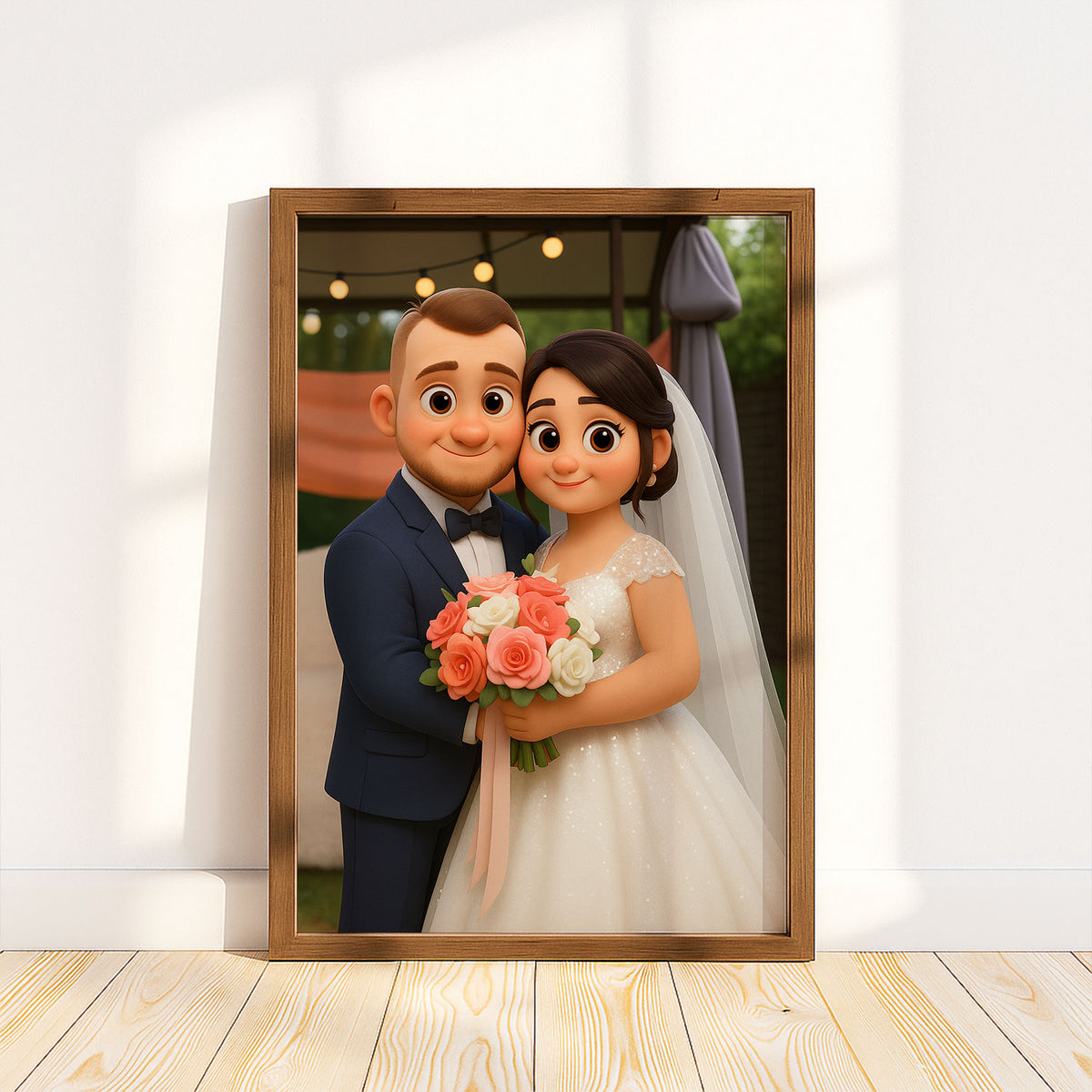 Whimsical Wedding Portrait: Charming Animated Style Art of Bride and Groom Embracing, Perfect for Love Celebrations
 - 6