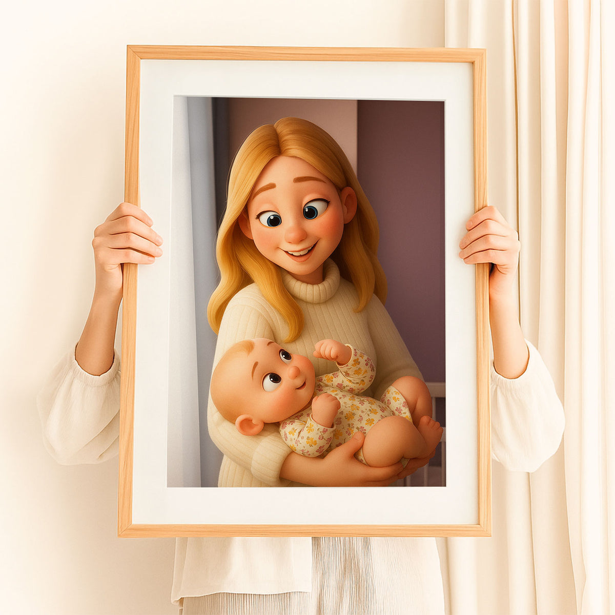 Heartwarming Cartoon Portrait of a Mother and Baby: Perfect Gift for New Parents and Nursery Decor
 - 6