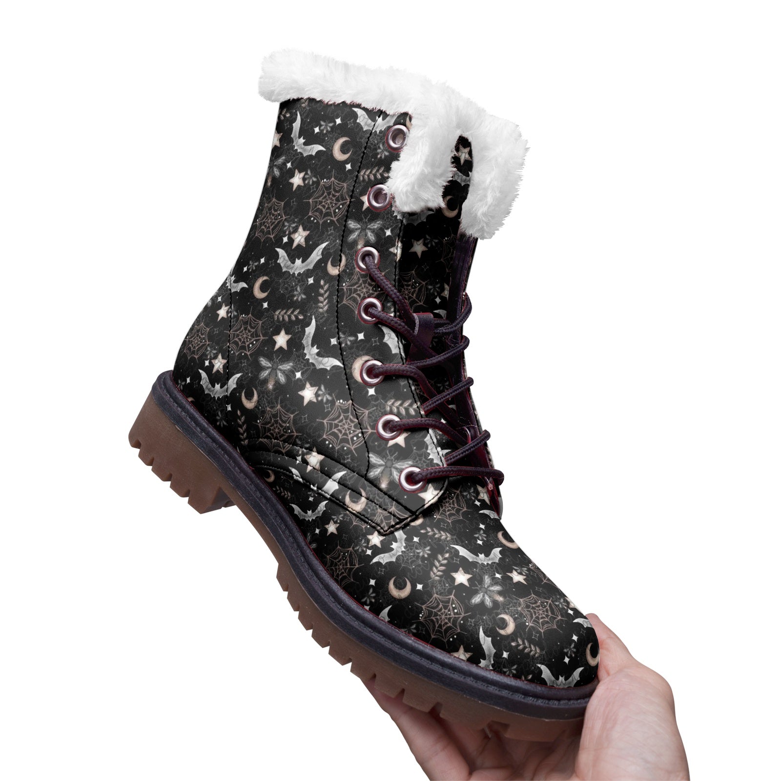 Bat Moon Web Unisex Lace Up Winter Boots For Witchy Hippie
