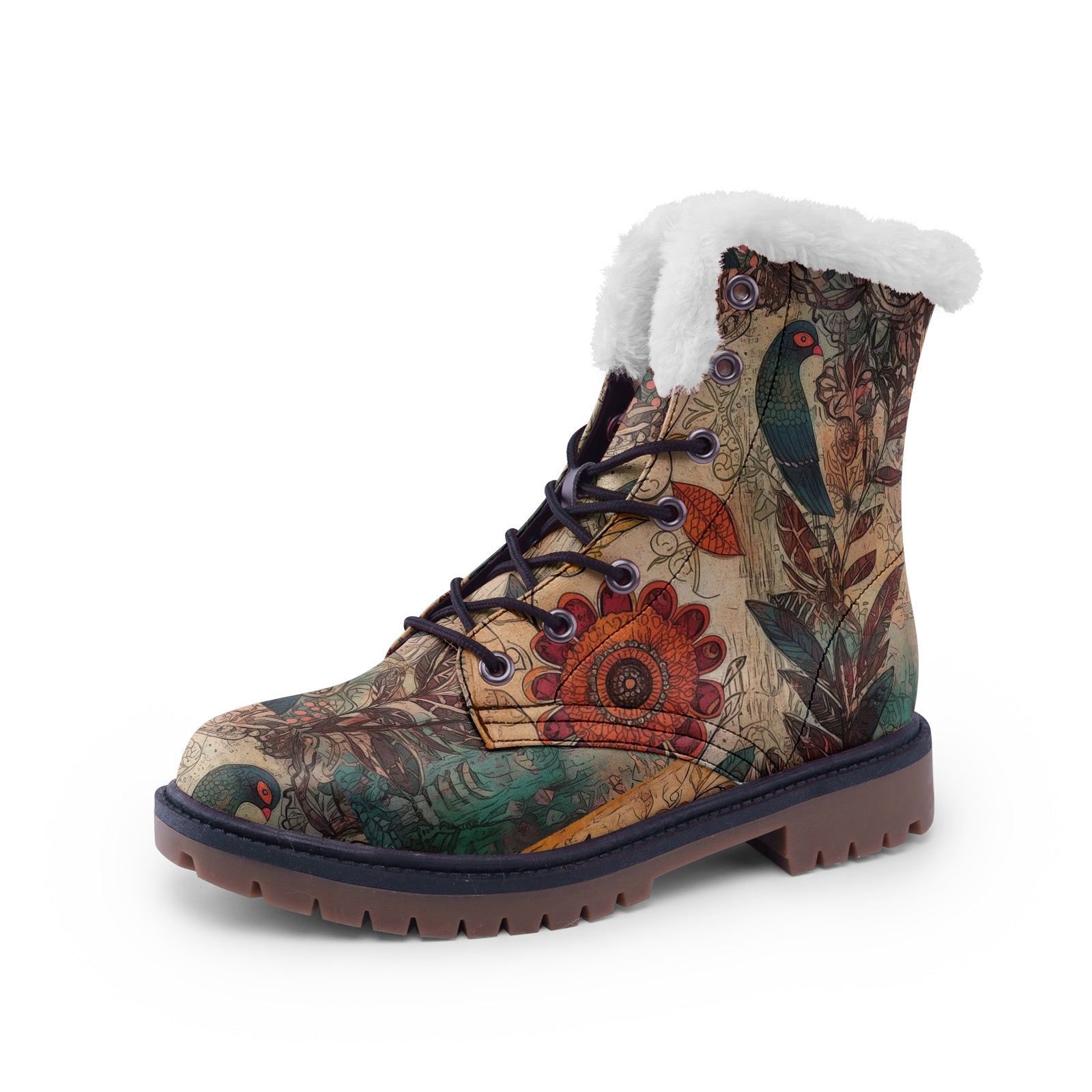 Boho Bird & Floral Art Unisex Lace Up Winter Boots