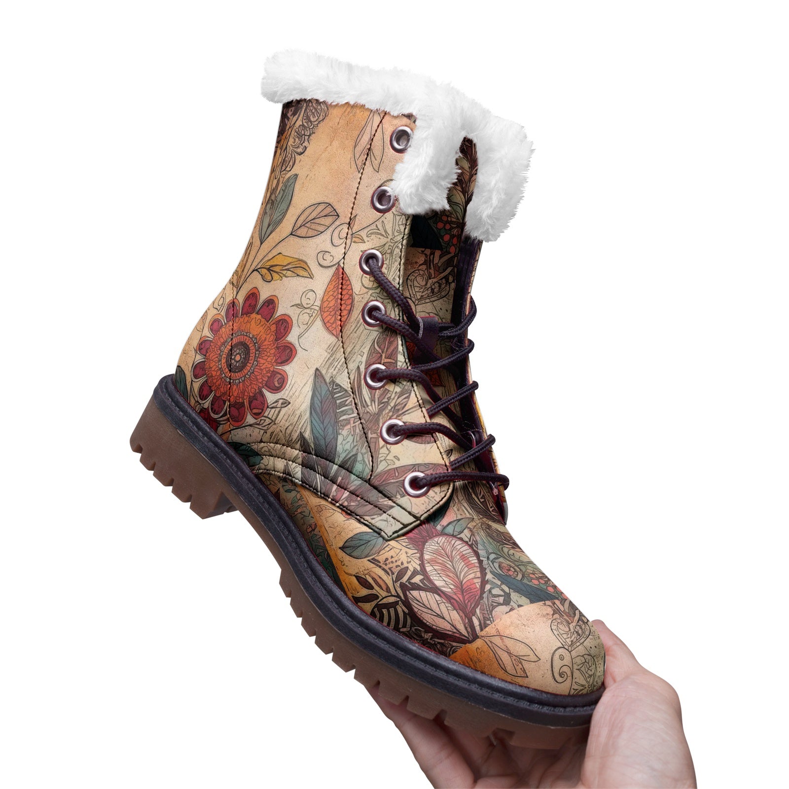 Boho Bird & Floral Art Unisex Lace Up Winter Boots