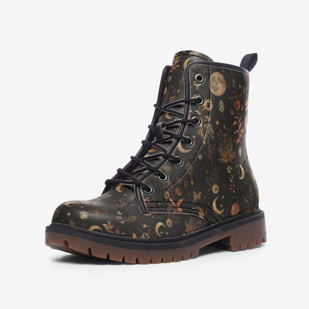 Cosmic Moon Floral Leather Combat Boots Casual Lightweight