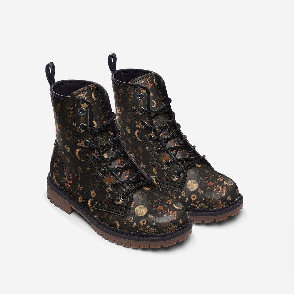 Cosmic Moon Floral Leather Combat Boots Casual Lightweight