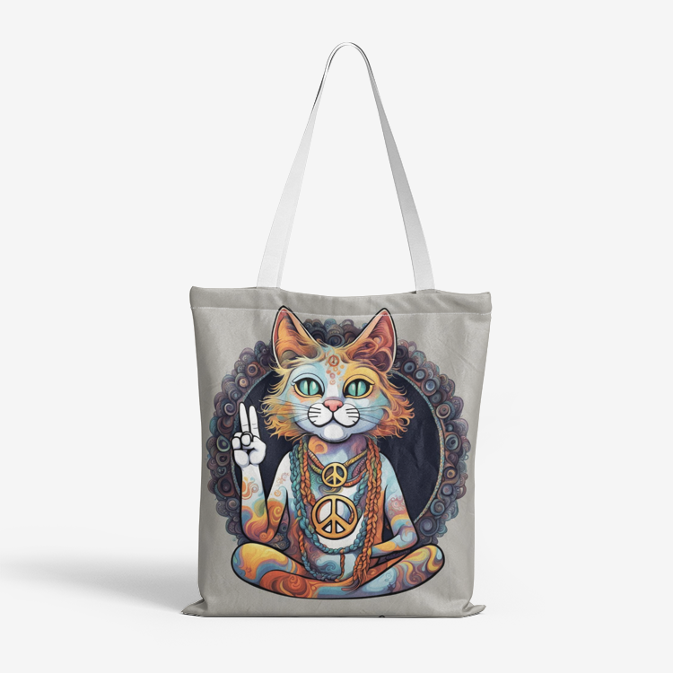 A cartoon of A hippie cat with peace symbol necklace and braids Natural Canvas Tote Bags