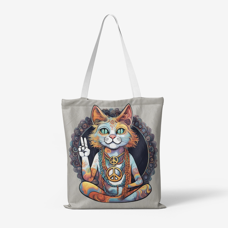A cartoon of A hippie cat with peace symbol necklace and braids Natural Canvas Tote Bags