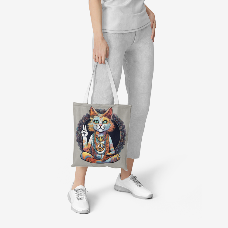 A cartoon of A hippie cat with peace symbol necklace and braids Natural Canvas Tote Bags