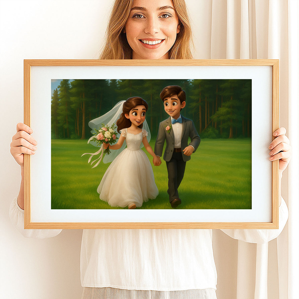Charming Cartoon Wedding Portrait of a Bride and Groom in a Lush Forest Setting
 - 7