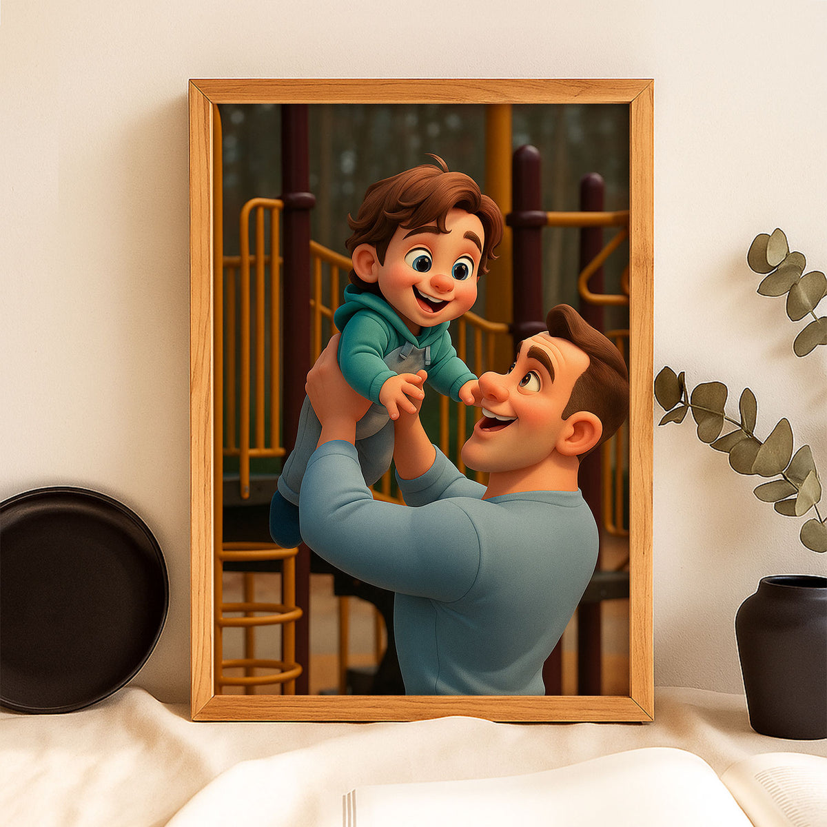 Joyful Swing Moments: Colorful Cartoon Art of a Father and Child at Play
 - 7