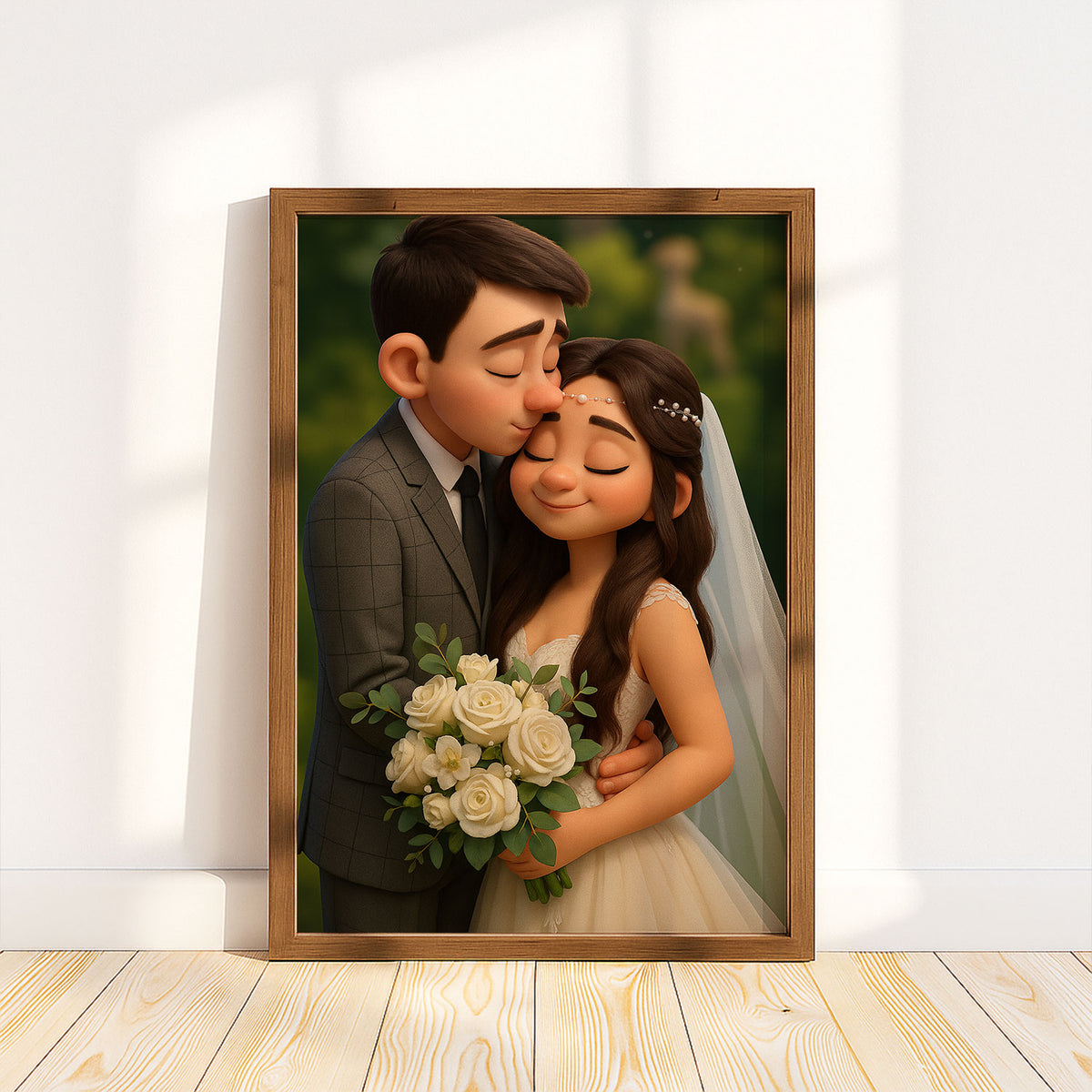 Charming Cartoon Wedding Portrait: Joyful Couple Embracing with Flowers in a Whimsical Art Style
 - 7
