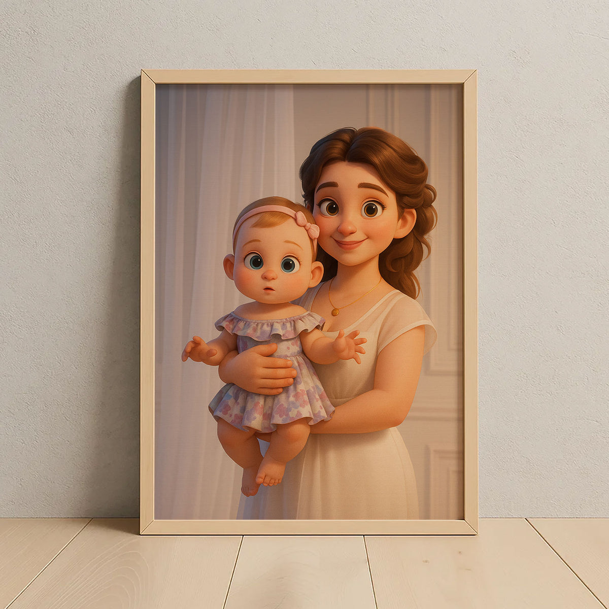 Heartwarming Cartoon Style Artwork of Mother Holding Sleeping Baby – Perfect Wall Decor for Nursery and Family Spaces
 - 7