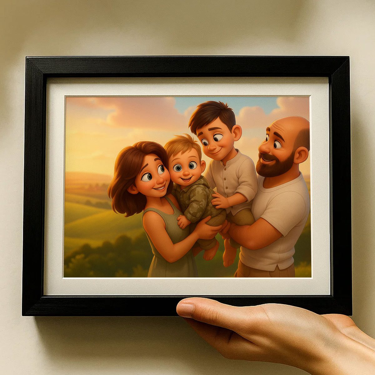 Charming Family Portrait: Heartwarming Cartoon Art of Parents with Baby in Vibrant Style for Modern Home Decor
 - 7