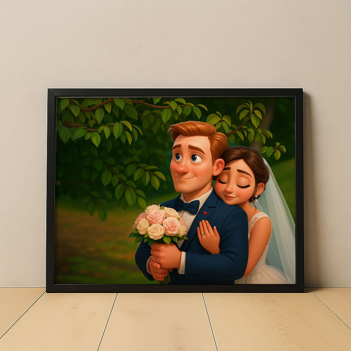 Charming Cartoon Couple Embracing in Lush Greenery – Whimsical Art for Your Home Decor
 - 7