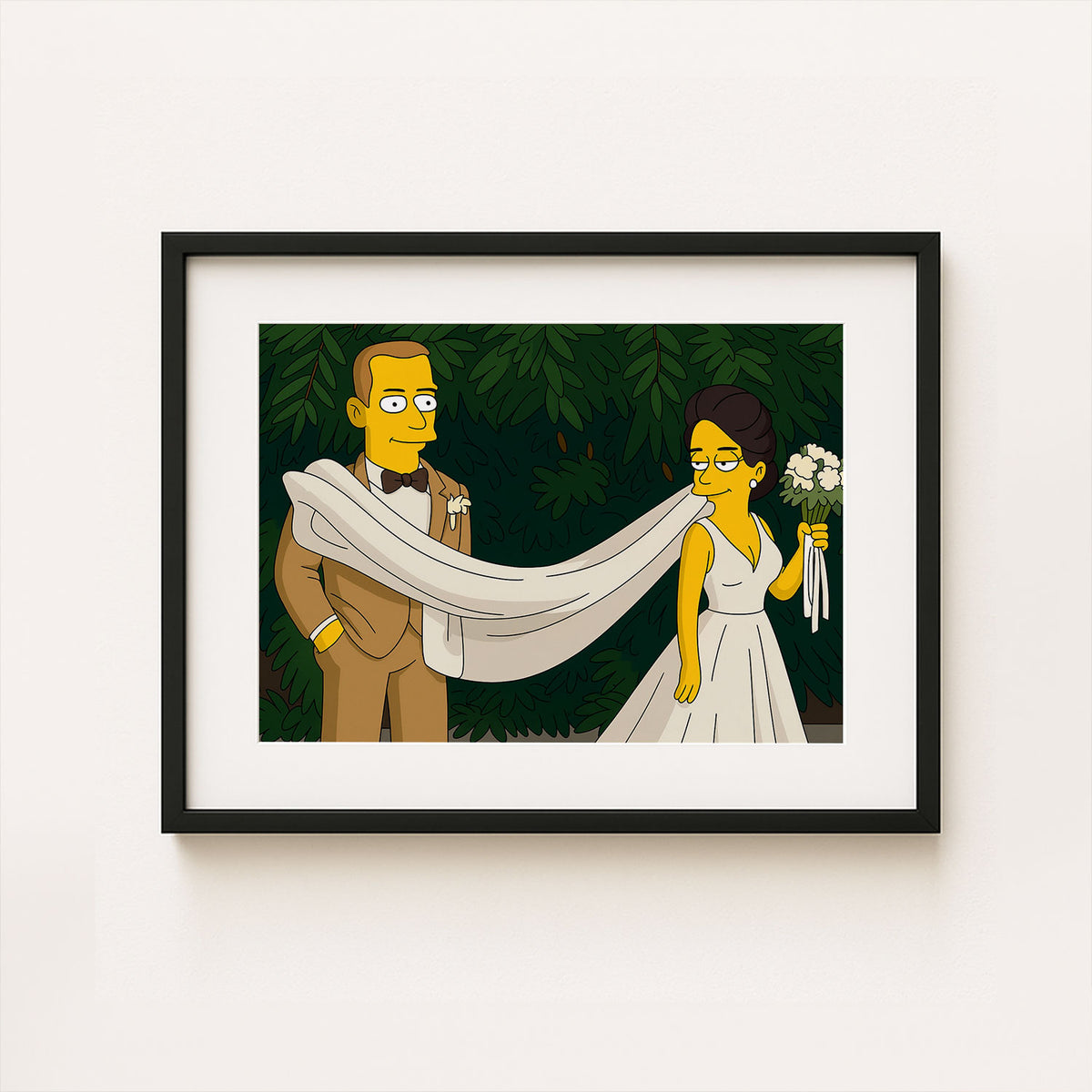 Charming Cartoon Wedding Art: Couples in Love with Dandelions - Whimsical Simpsons Style Framed Print
 - 7
