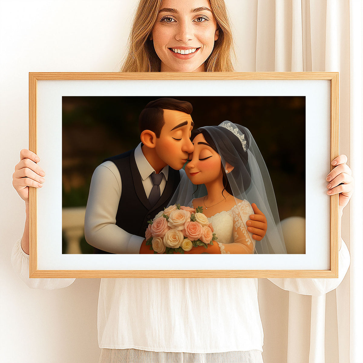 Charming Cartoon Wedding Art Print of a Happy Couple Embracing Love and Joy
 - 7