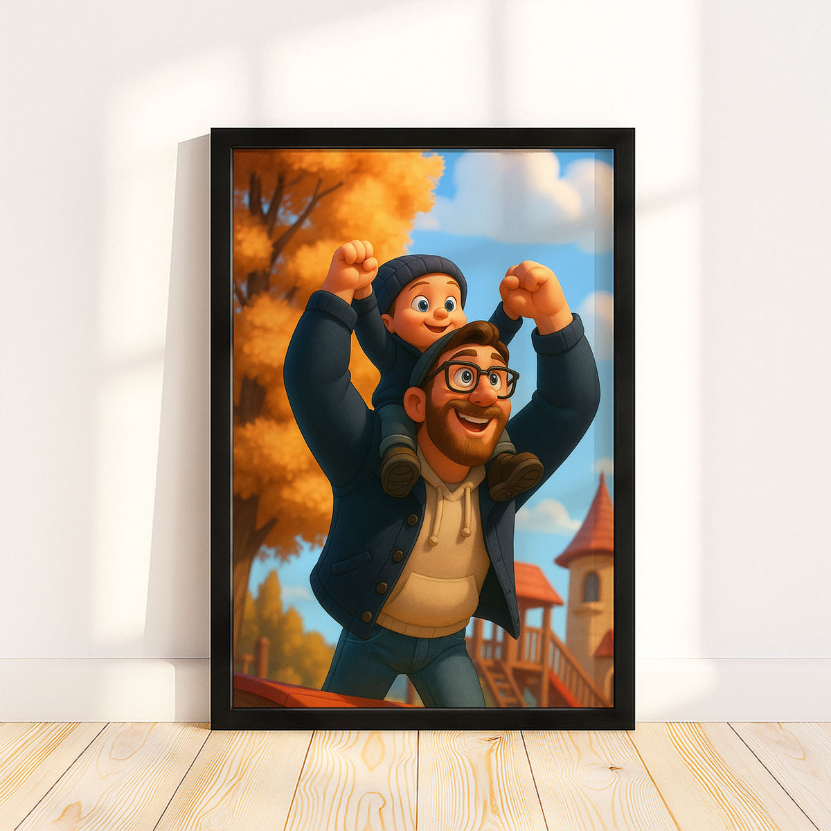 Heartwarming Cartoon Art of Dad and Son Joyfully Playing Together in a Colorful Autumn Landscape
 - 6