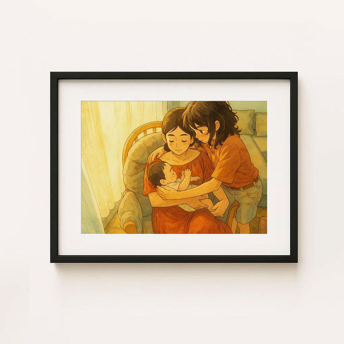 Heartwarming Illustration of a Mother Embracing Her Baby - Cozy Home Decor Art Print in Smooth Cartoon Style
 - 7