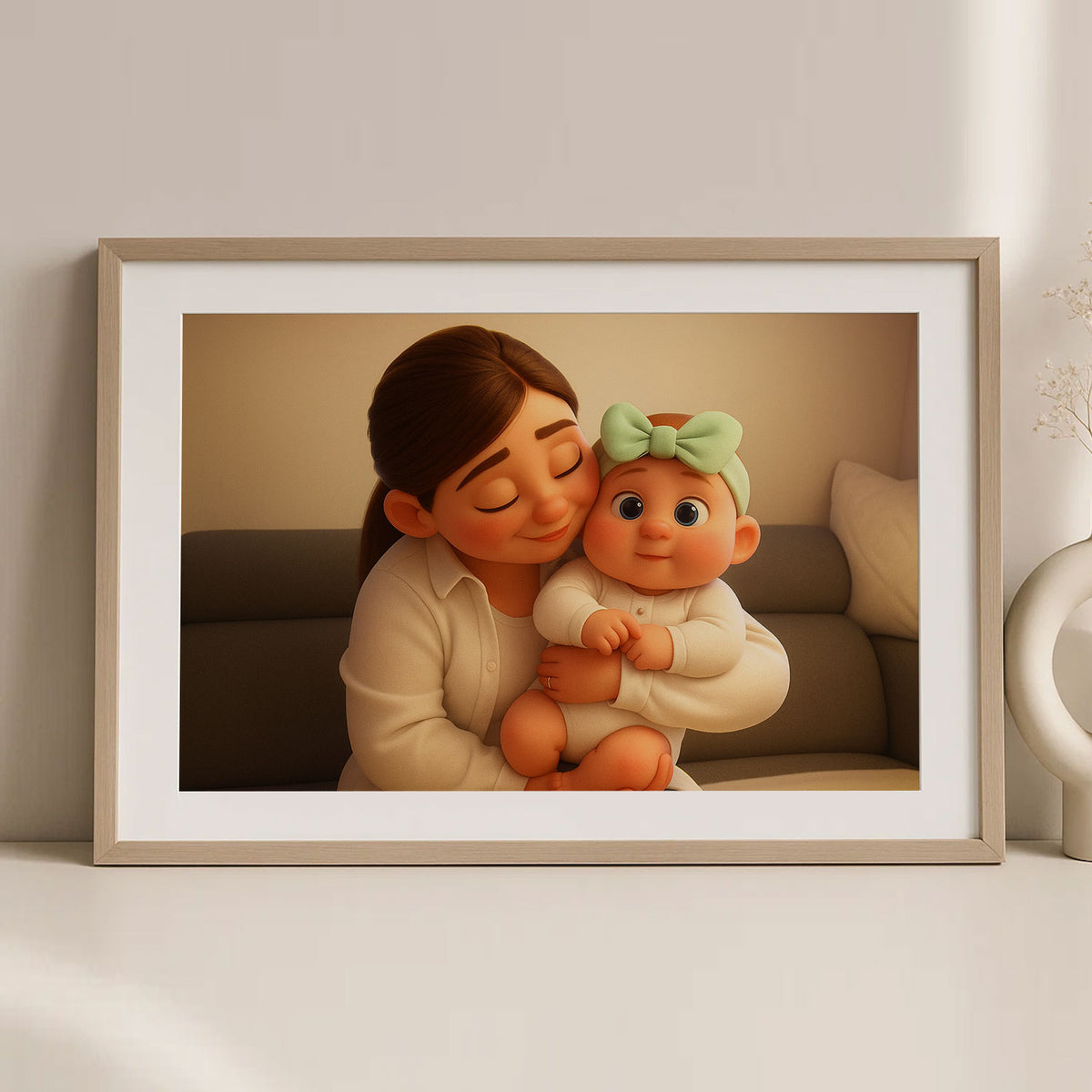 Adorable Cartoon Style Art Print of a Joyful Mother Holding Her Baby: Perfect Gift for New Parents and Nursery Decor
 - 7