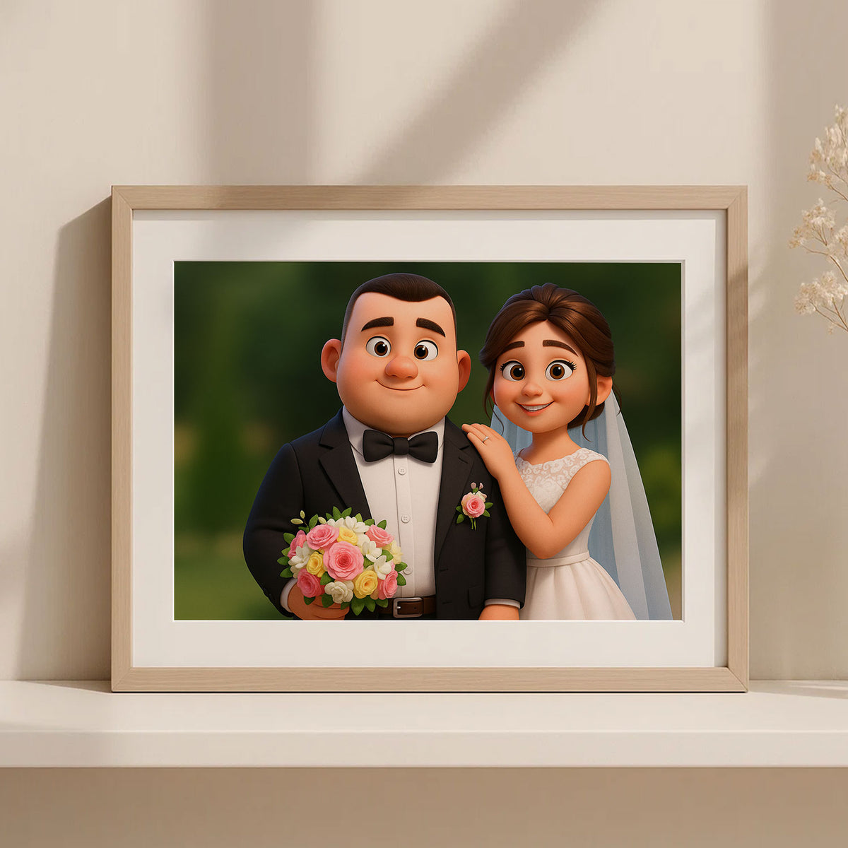 Charming Cartoon Wedding Portrait of a Bride and Groom in Whimsical Art Style for Your Home Decor
 - 7