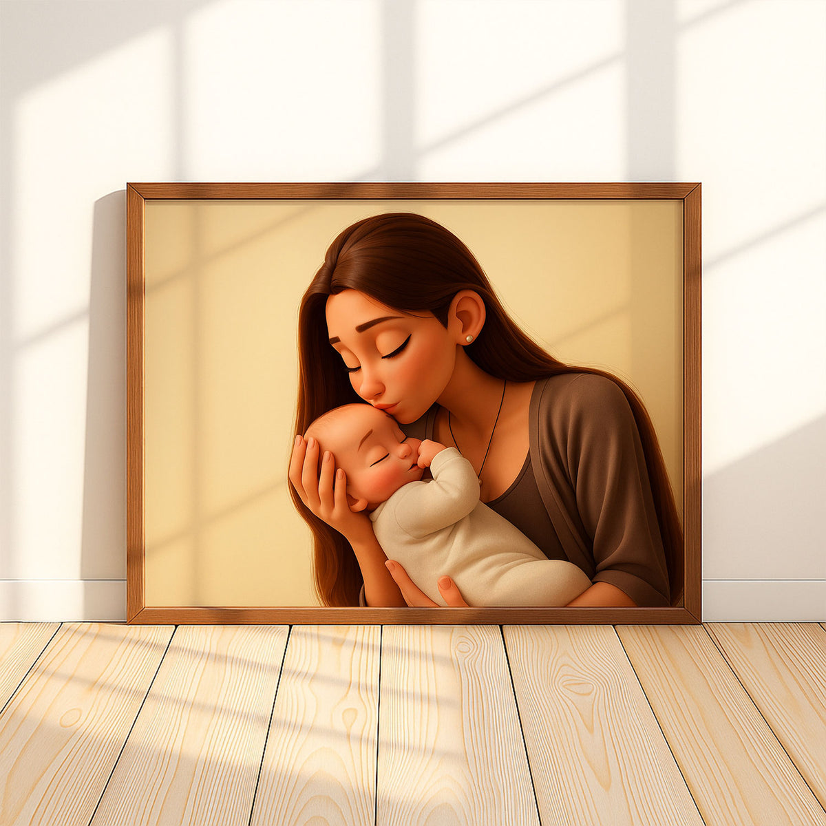 Heartwarming Cartoon Illustration of Mother and Baby Embracing – Perfect Wall Art for Family Love and Joy in Your Home
 - 7