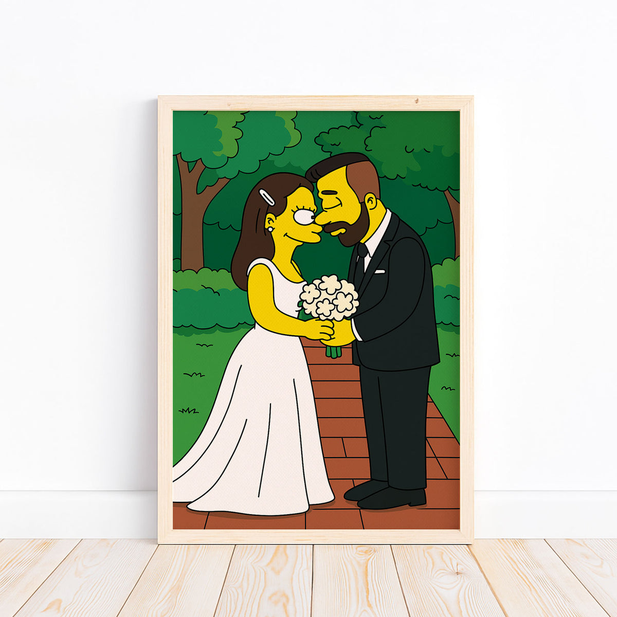 Whimsical Cartoon Wedding Kiss Art Print - Yellow Characters in a Romantic Forest Scene
 - 7