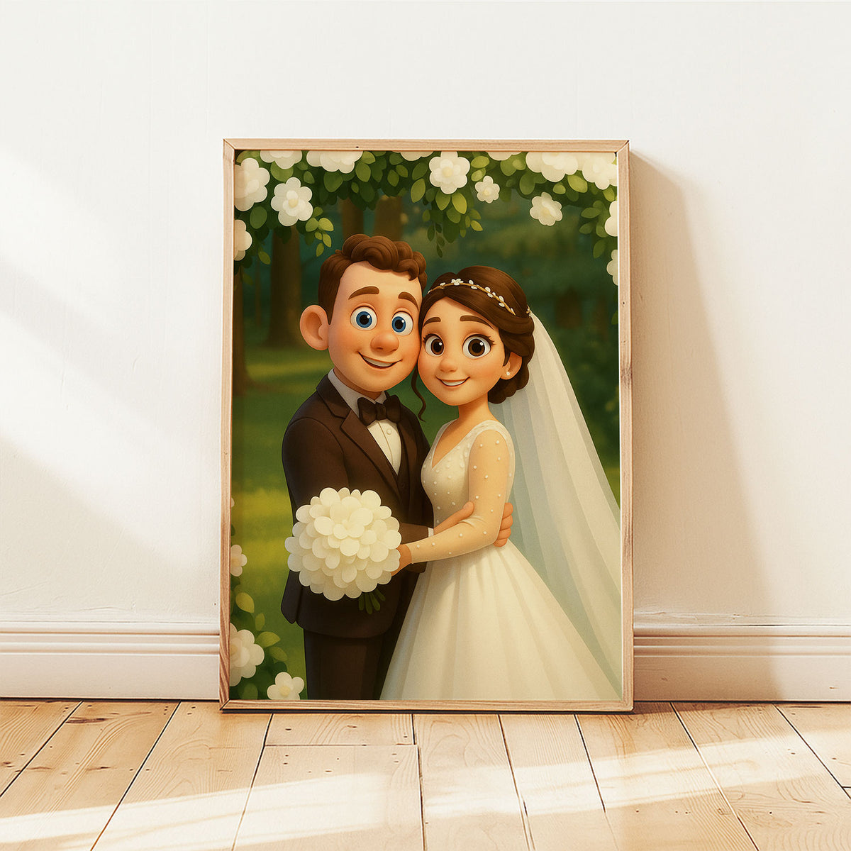 Whimsical Cartoon Wedding Portrait – Celebrate Love with a Charming Illustration of a Bride and Groom in a Joyful Embrace
 - 7