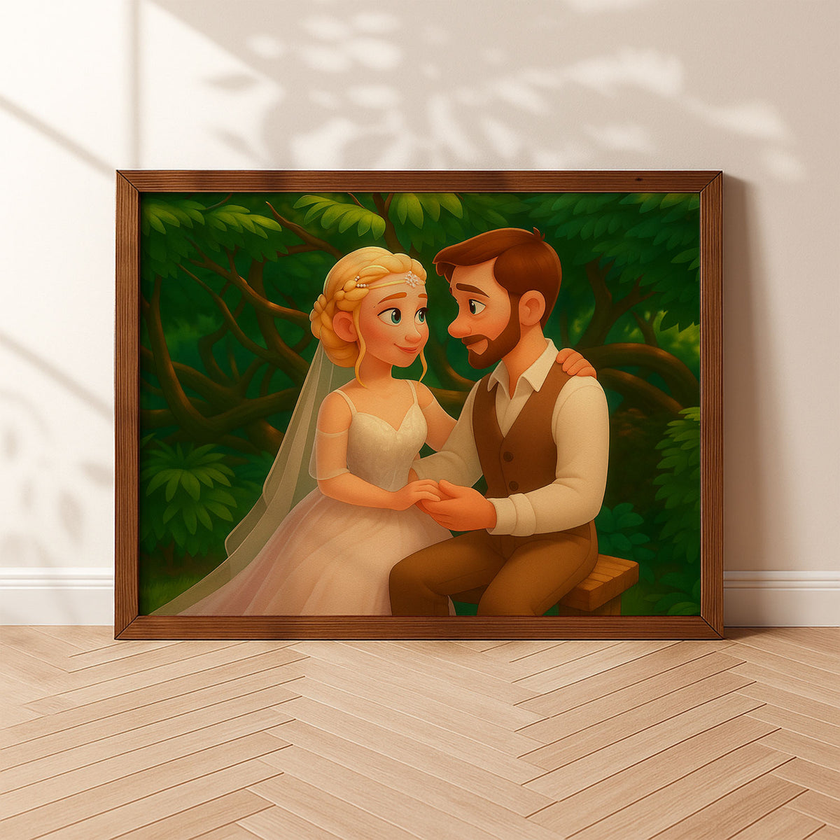 Charming Cartoon Wedding Portrait of a Bride and Groom in a Beautiful Forest Setting - Perfect for Home Decor
 - 7