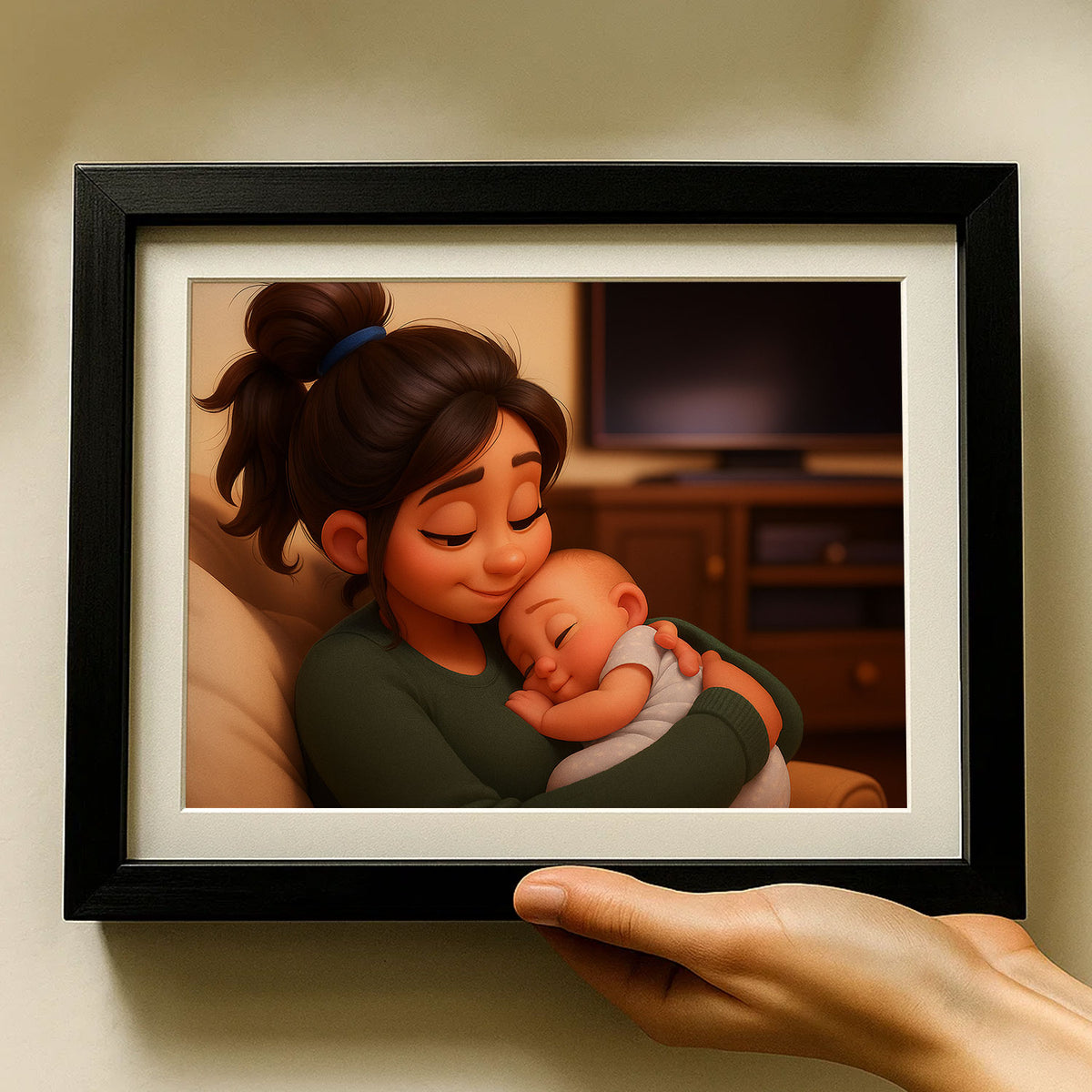 Heartwarming Cartoon Art of a Mother Embracing Her Baby: Perfect Family Gift for Nursery Decor and Baby Shower Celebrations
 - 7